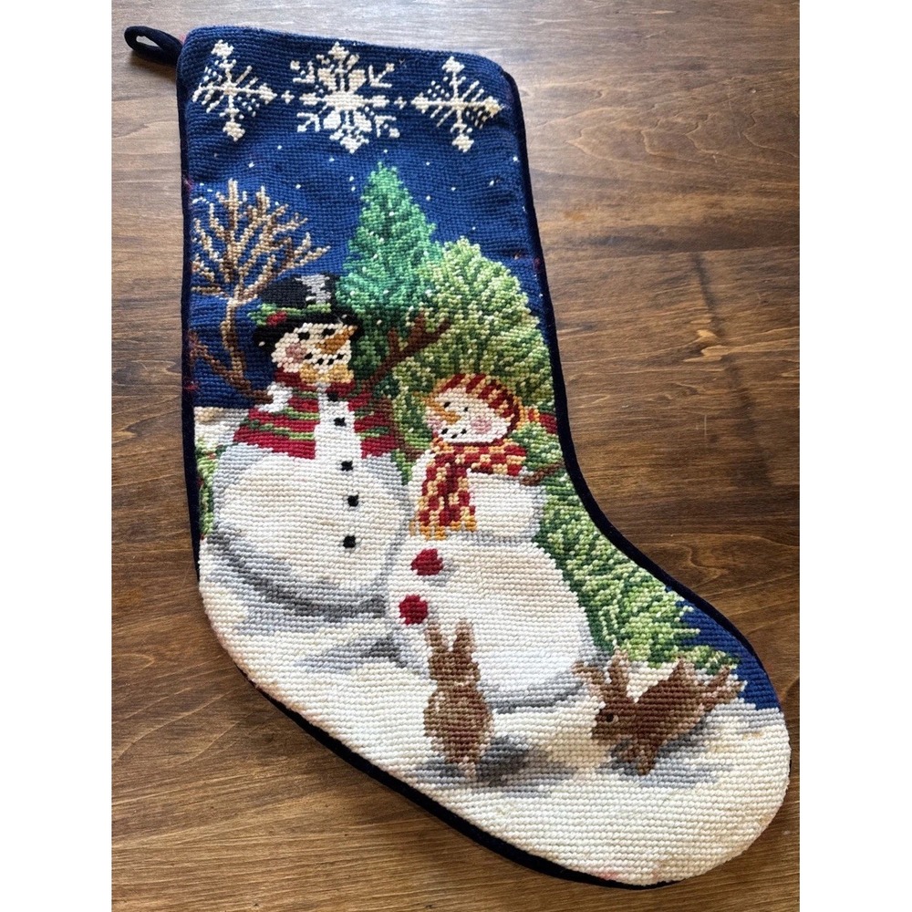 Sferra Bros? Snowman Christmas Stocking Needlepoint Blue Velvet Backing Rabbit